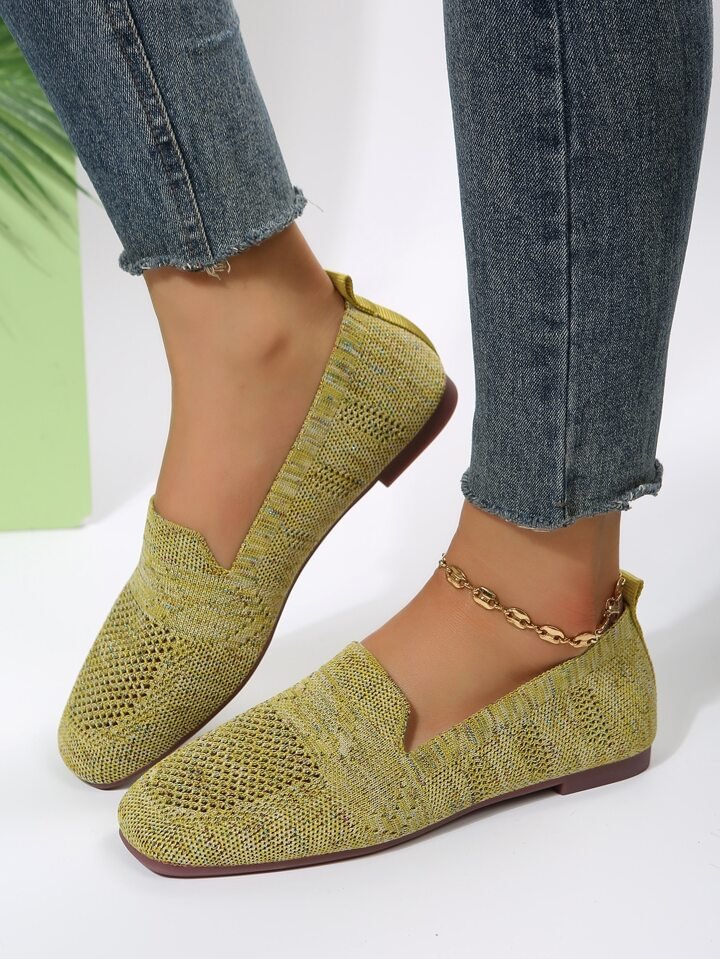 Olive yellow perforated knit slip-on loafer with round toe