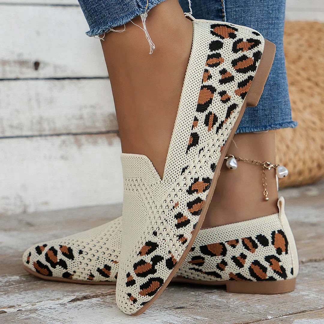 Leopard-print perforated knit loafer with round toe and slip-on fit