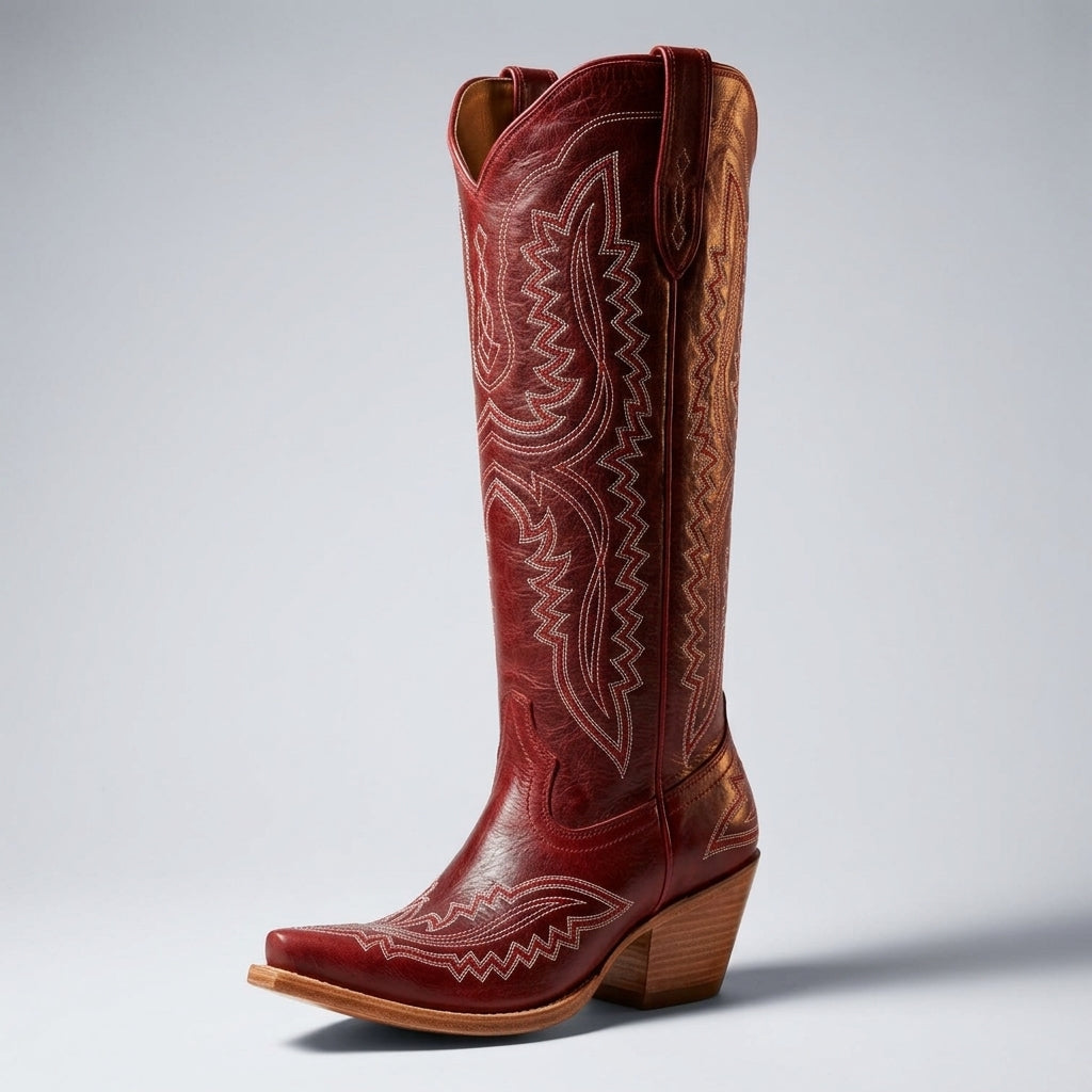 Dark red cowboy boots with western embroidery, pointed toe, and stacked wood heel