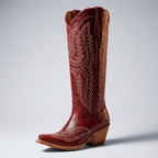 Dark red cowboy boots with western embroidery, pointed toe, and stacked wood heel