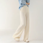 Women’s wide-leg knit pants in cream, lower-leg and hem view with soft knit texture
