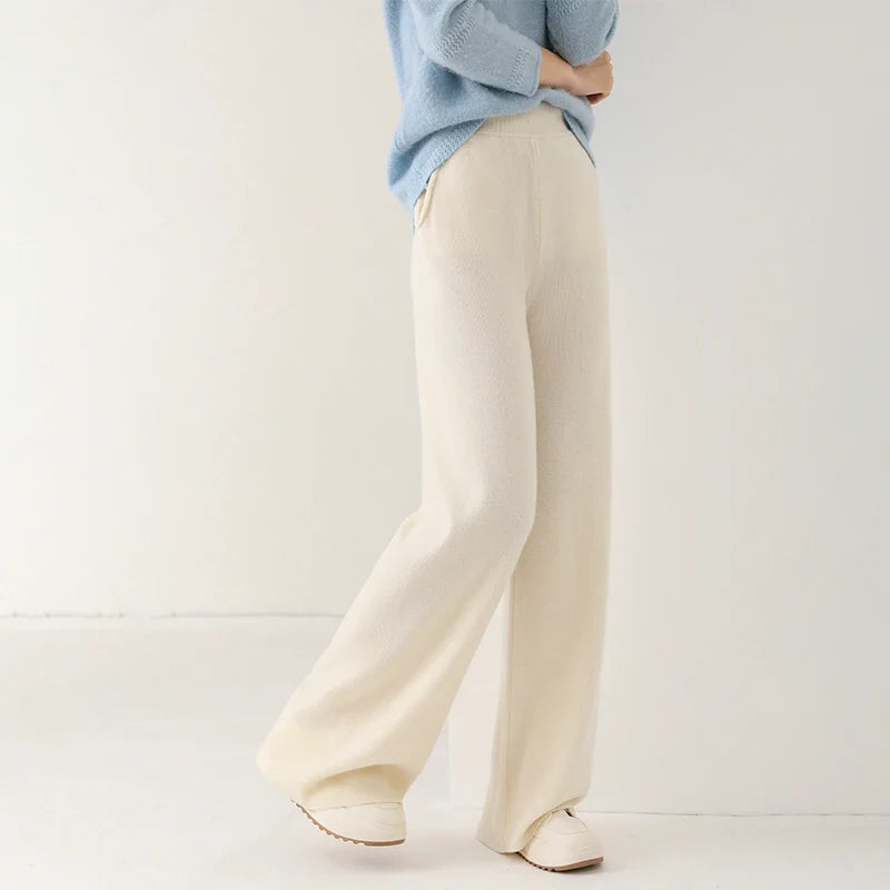 Women’s wide-leg knit pants in cream, lower-leg and hem view with soft knit texture