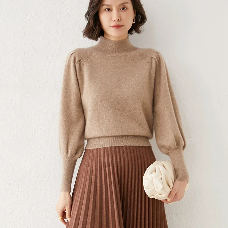 Taupe merino turtleneck sweater with puff sleeves and ribbed cuffs
