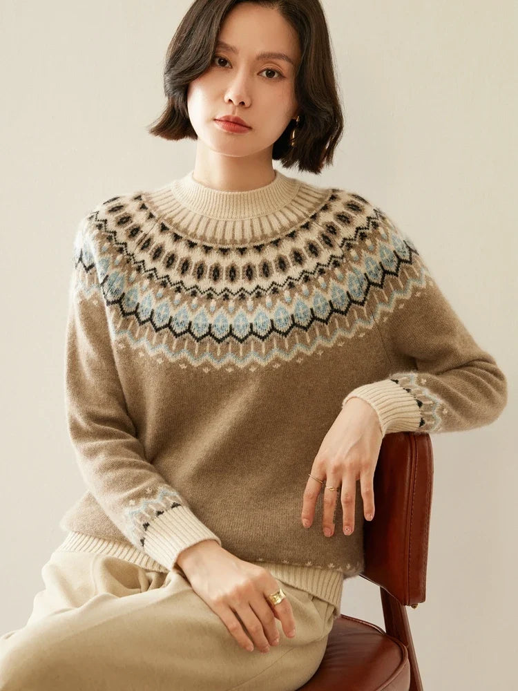 Camel knit sweater with mock neck and Fair Isle yoke pattern, ribbed cuffs and hem.