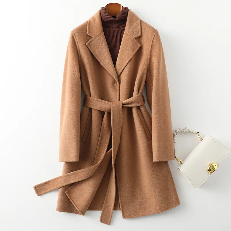 Camel brown belted wool midi coat with tie waist and notch lapels