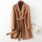 Camel brown belted wool midi coat with tie waist and notch lapels