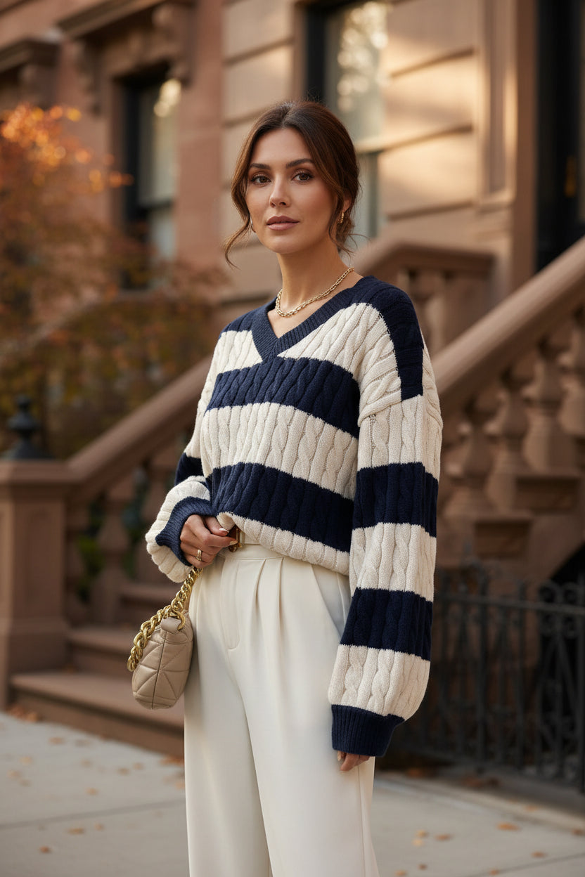 Striped V-neck knit sweater, cream and navy cable pattern, long sleeves