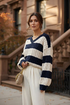 Striped V-neck knit sweater, cream and navy cable pattern, long sleeves