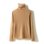Camel-brown slim fit turtleneck knit sweater with long sleeves and folded collar.