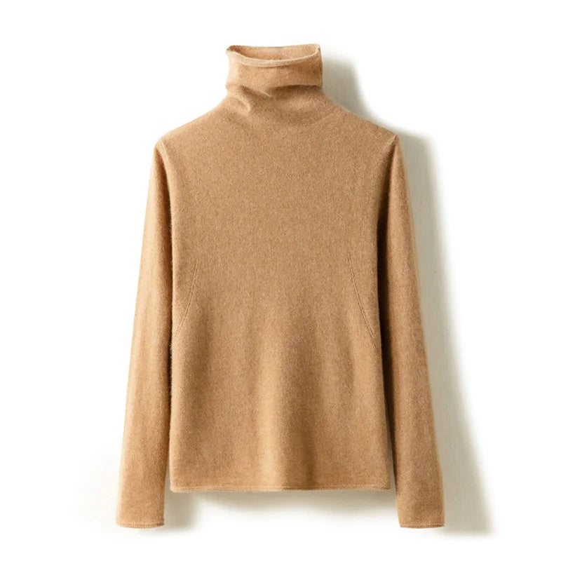 Camel-brown slim fit turtleneck knit sweater with long sleeves and folded collar.