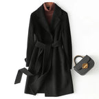 Black belted wool midi coat with lapels, tie belt, and front patch pockets