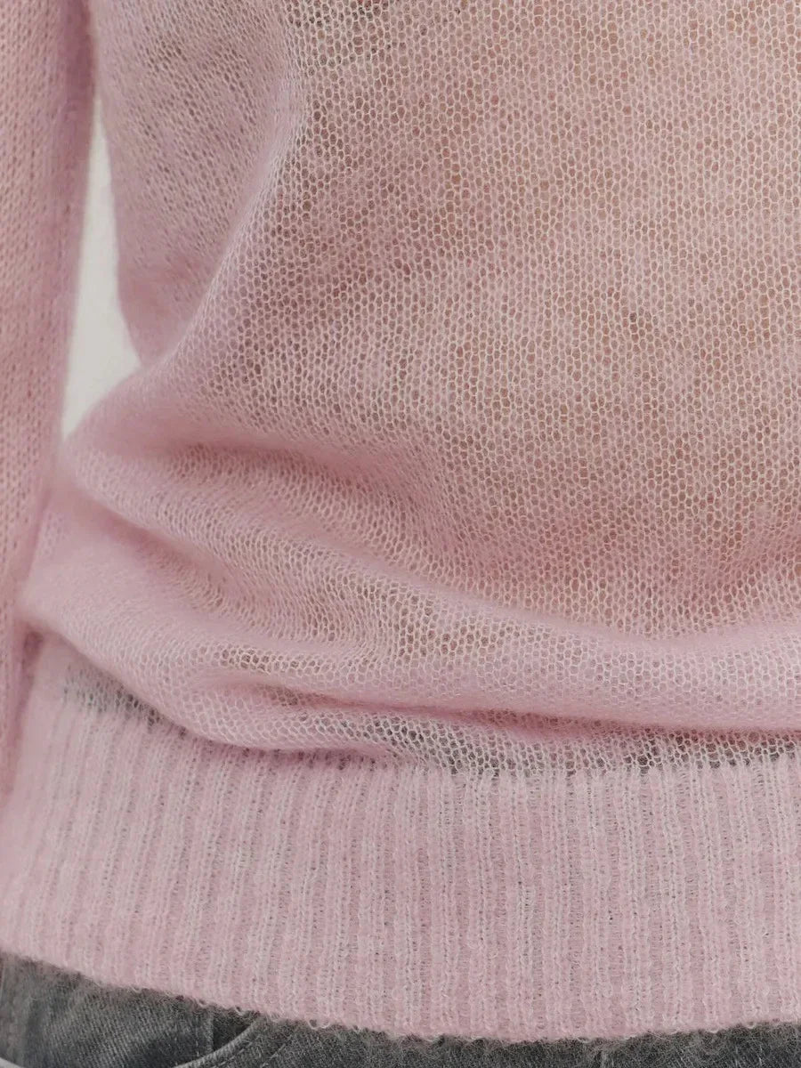 Lightweight crewneck knit sweater, light pink, ribbed hem and cuffs