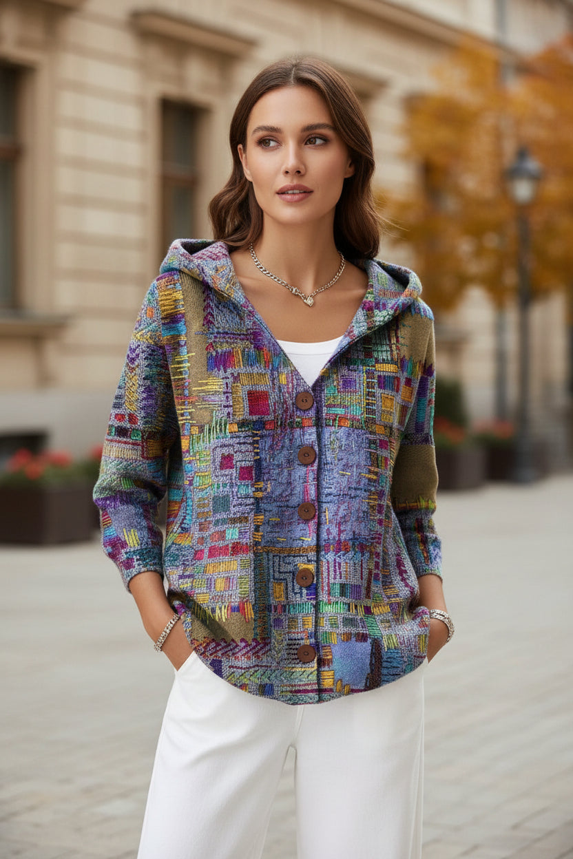 Multicolor long-sleeve hooded cardigan with button front and patchwork-style print