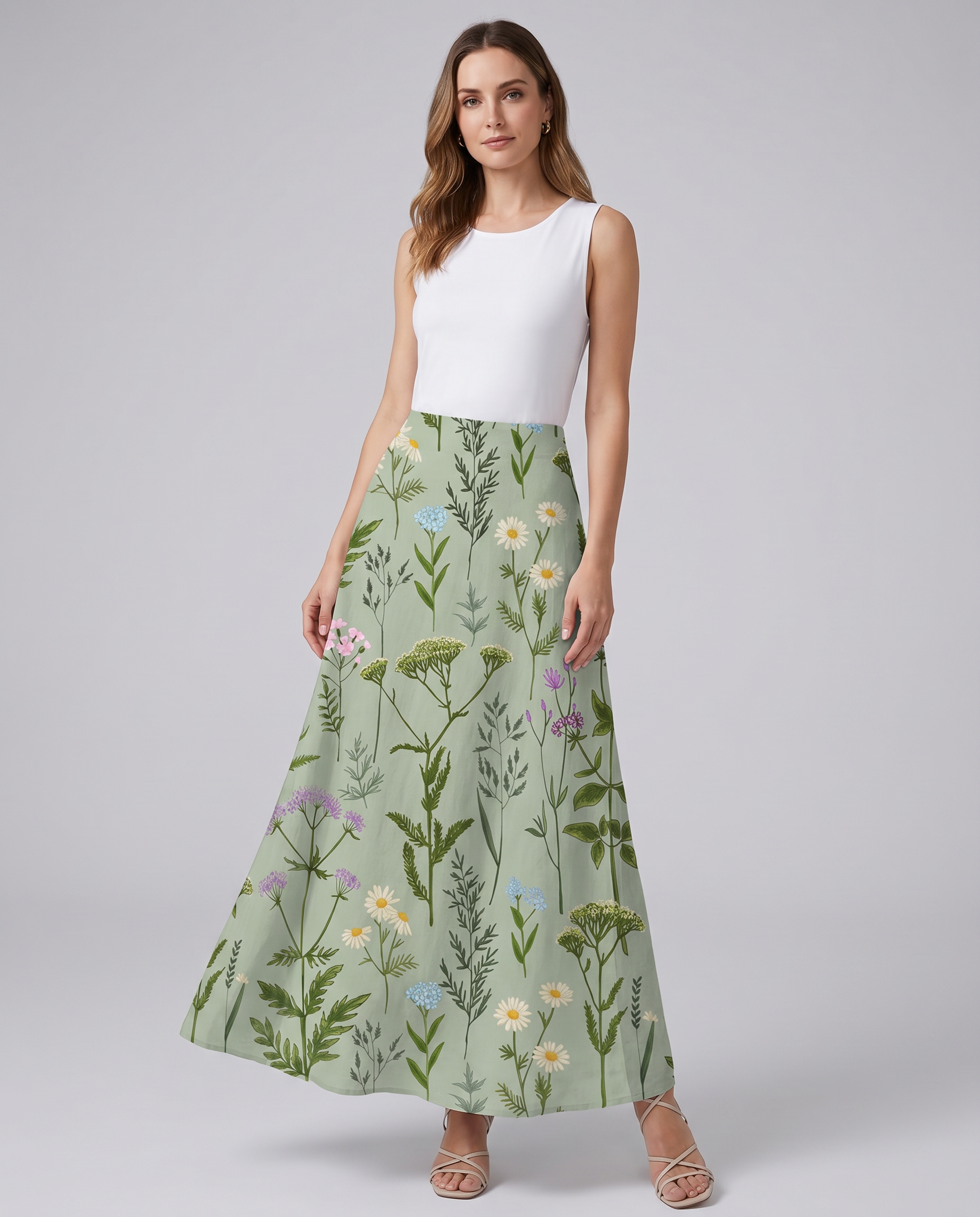 Green field-print A-line skirt with pockets, midi length, full front view