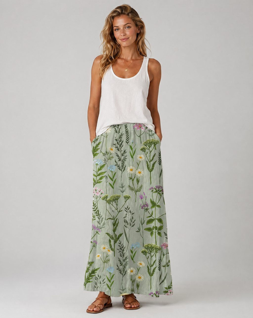 Green field-print A-line skirt with pockets, midi length, side view