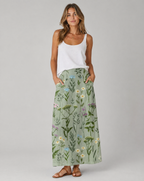 Green field-print A-line skirt with pockets, midi length, front close view