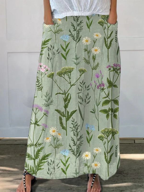 Green field-print A-line skirt with pockets, close-up of floral pattern