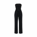 Black strapless sequin jumpsuit with sweetheart neckline, fitted long legs