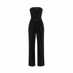 Black strapless sequin jumpsuit with sweetheart neckline, fitted long legs