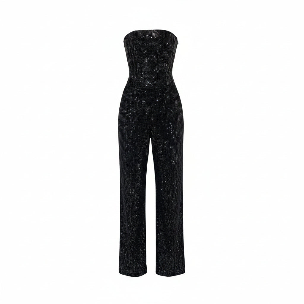 Black strapless sequin jumpsuit with sweetheart neckline, fitted long legs