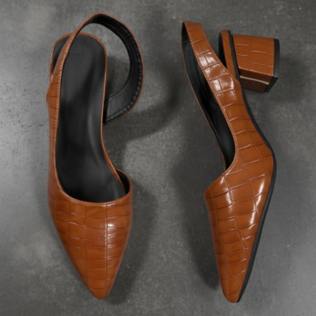 Brown croc-texture slingback heels with pointed toe and mid block heel
