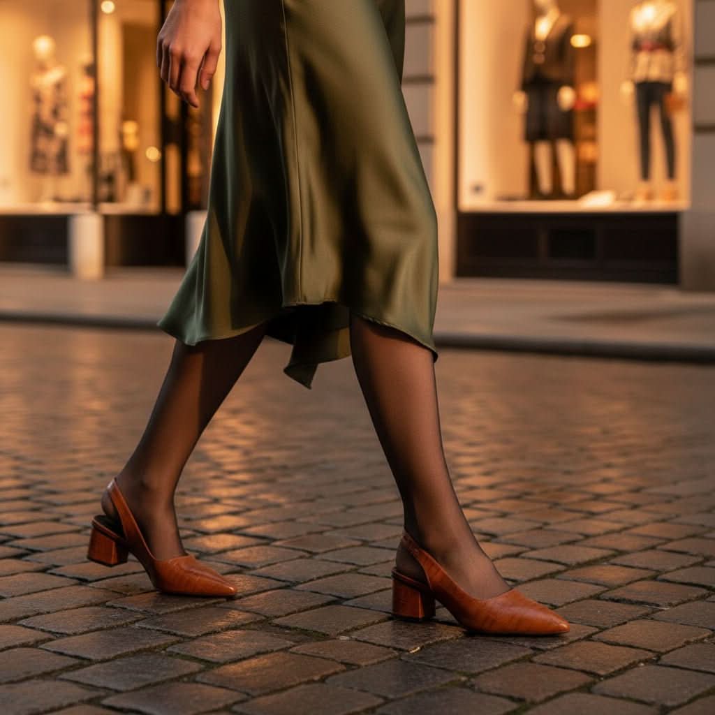 Brown pointed-toe block-heel shoes worn with a dark green skirt