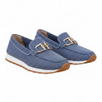 Blue orthopedic loafer shoes with textured knit, gold buckle-bit detail, cushioned sole