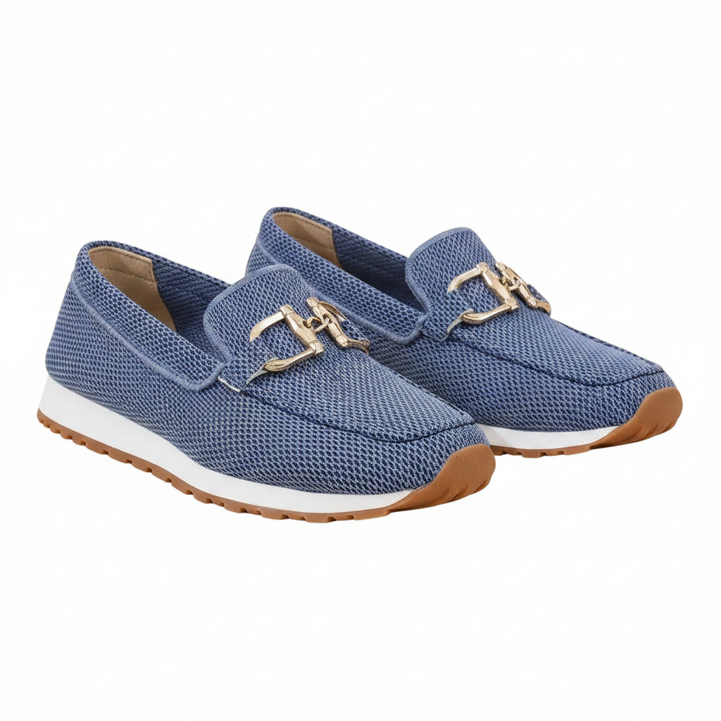 Blue orthopedic loafer shoes with textured knit, gold buckle-bit detail, cushioned sole
