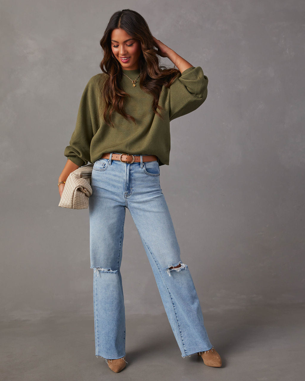 Olive campfire knit sweater with crew neck, long sleeves and ribbed hem