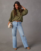 Olive campfire knit sweater with crew neck, long sleeves and ribbed hem