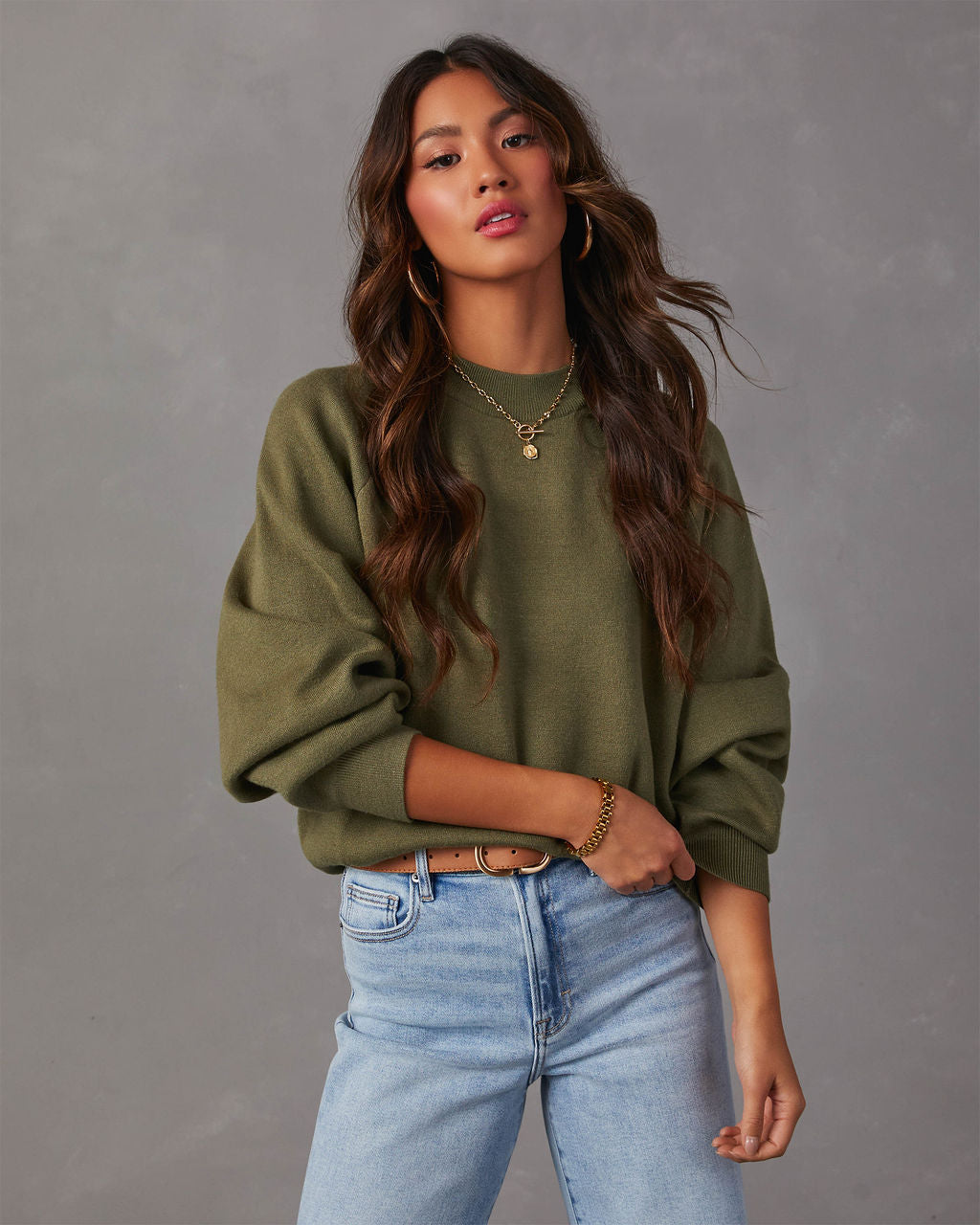 Olive campfire knit sweater with crew neck, long sleeves and relaxed fit