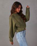Olive campfire knit sweater with crew neck and long sleeves, relaxed shape