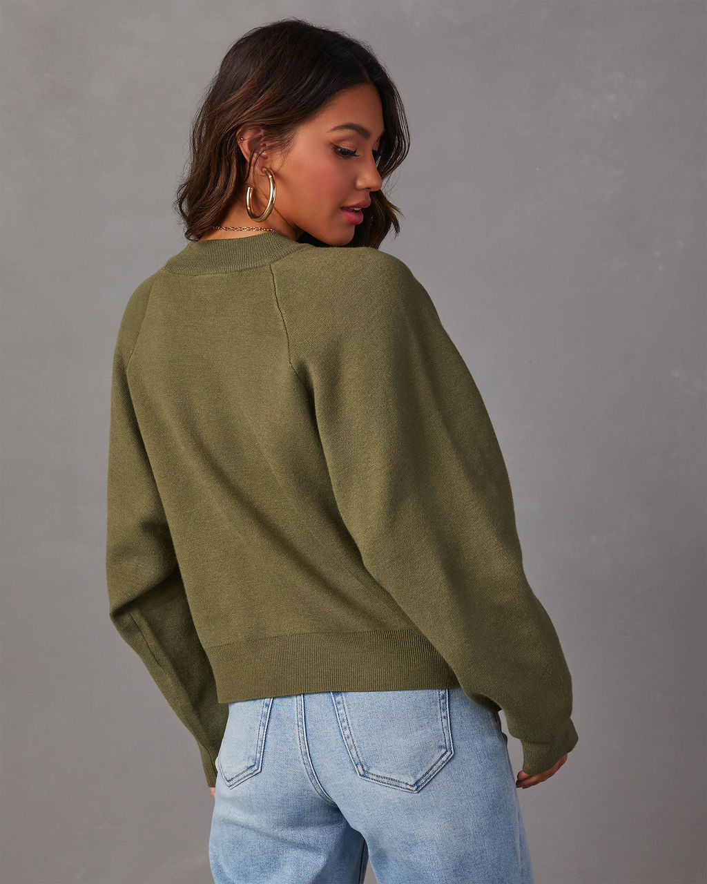 Olive campfire knit sweater, back view with crew neck and dropped shoulders