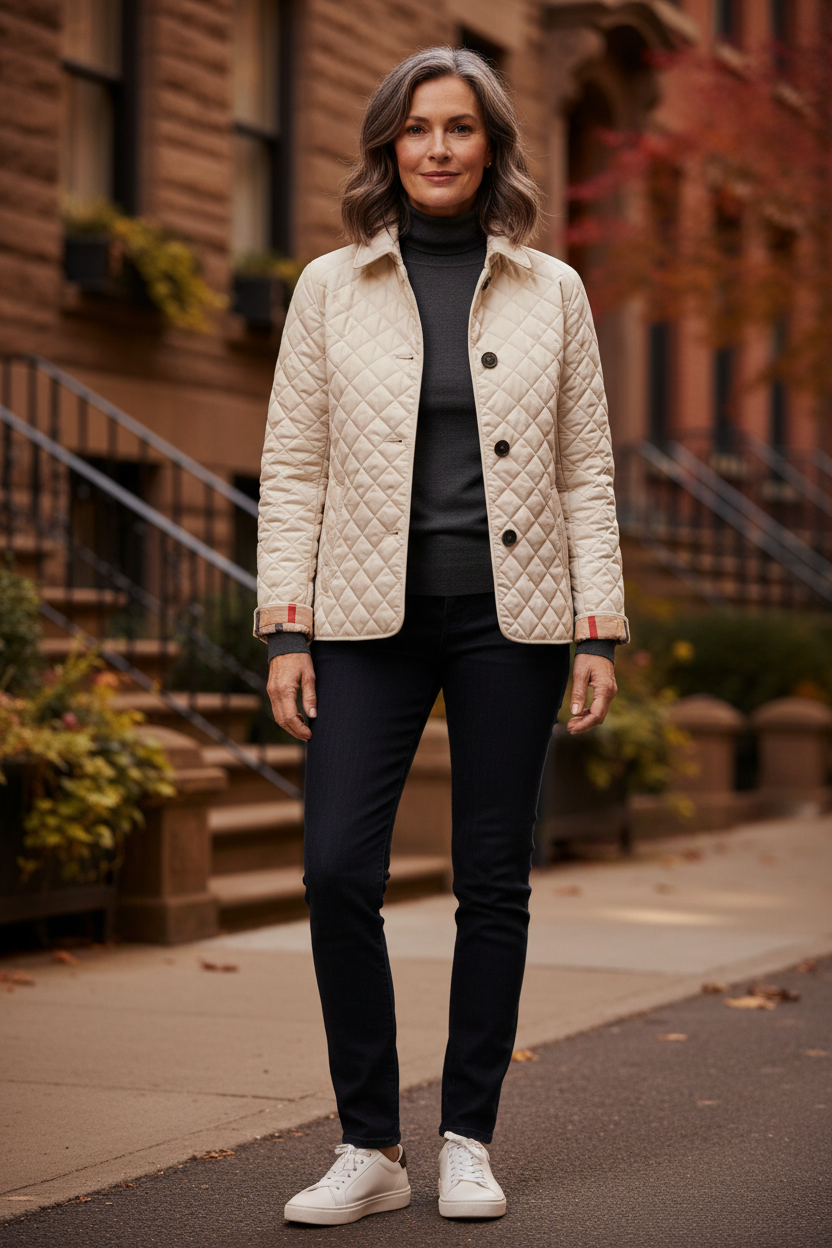 Women's quilted jacket with lapel collar, cream, button-front with patch pockets