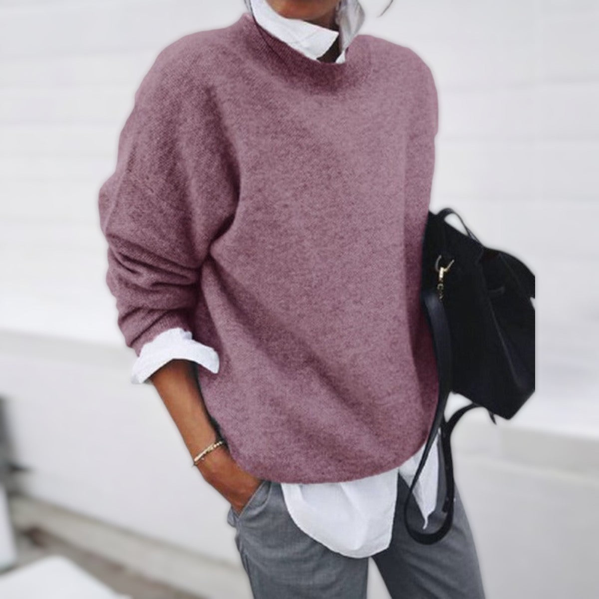 Pink crew neck knit sweater with long sleeves, relaxed fit