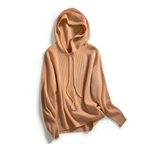 Women’s tan pullover hoodie with drawstring hood and kangaroo pocket