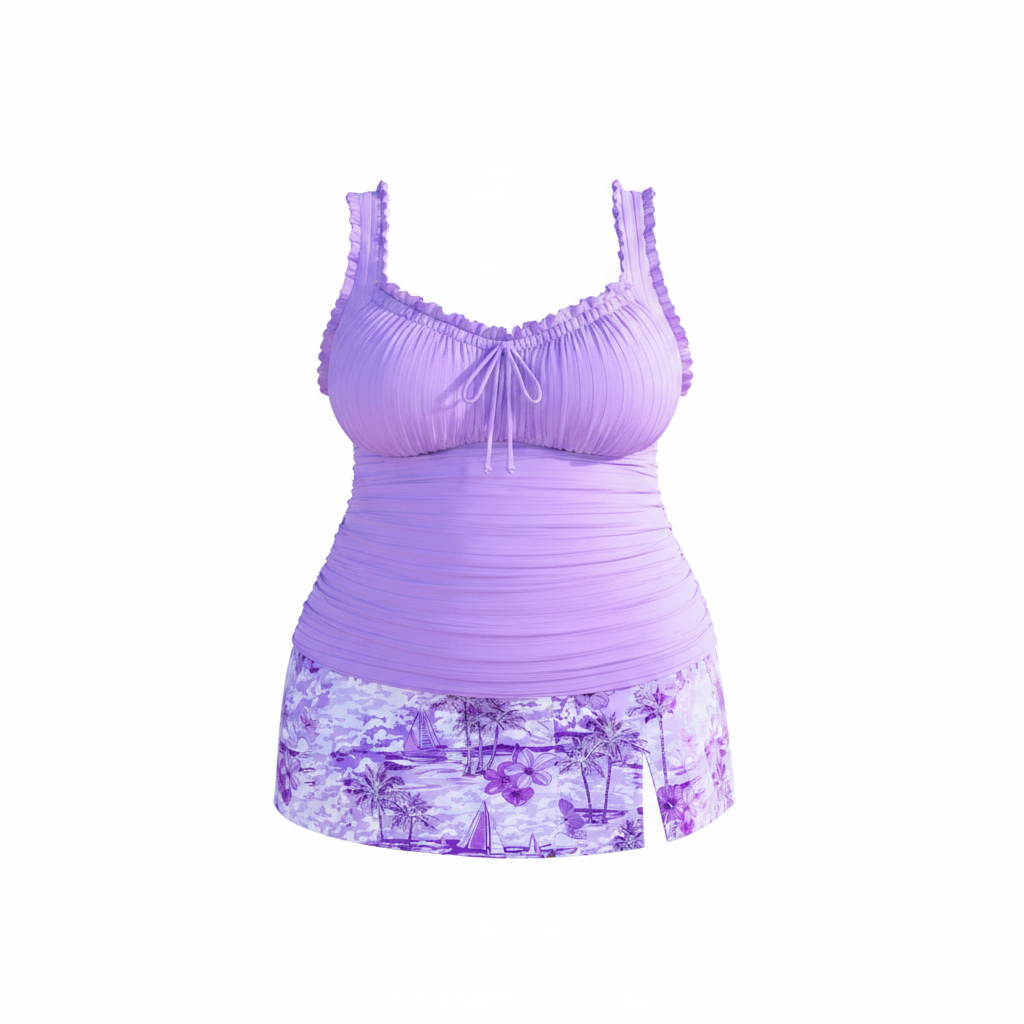 Plus size tankini set in lavender purple with ruffle trim top and layered floral skirt
