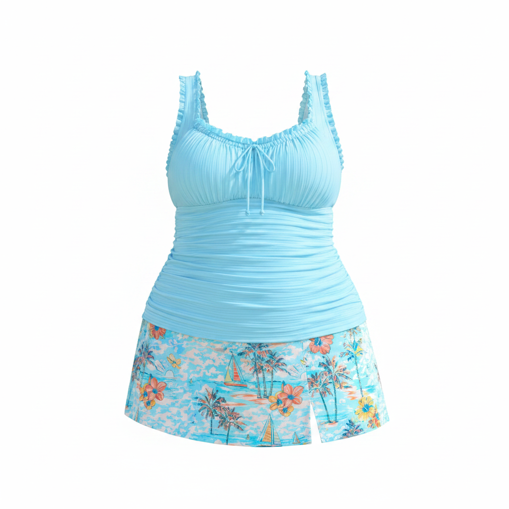 Plus size cyan tankini set with ruched drawstring top and floral skirted bottom