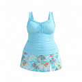 Plus size cyan tankini set with ruched drawstring top and floral skirted bottom