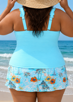 Plus size cyan tankini set back view with ruched tank, ruffle straps, and floral skirt