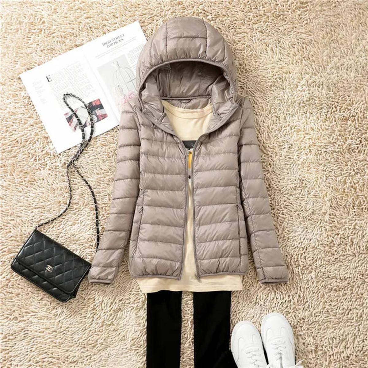 Hooded down jacket in beige taupe with full-zip front and quilted insulation baffles