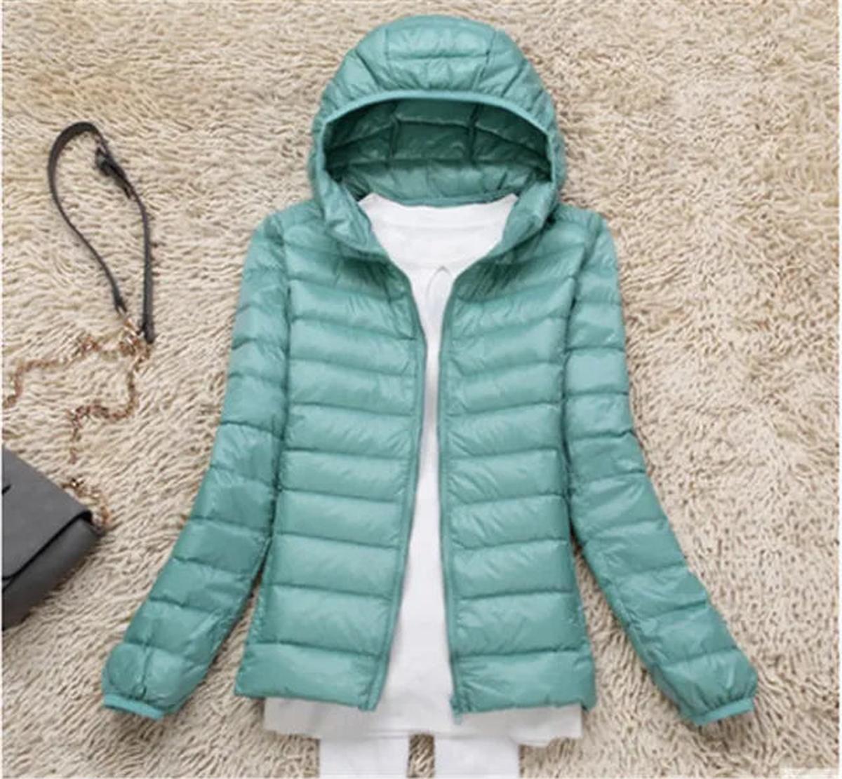 Hooded down jacket in mint green with full-zip front and stitched quilt baffles