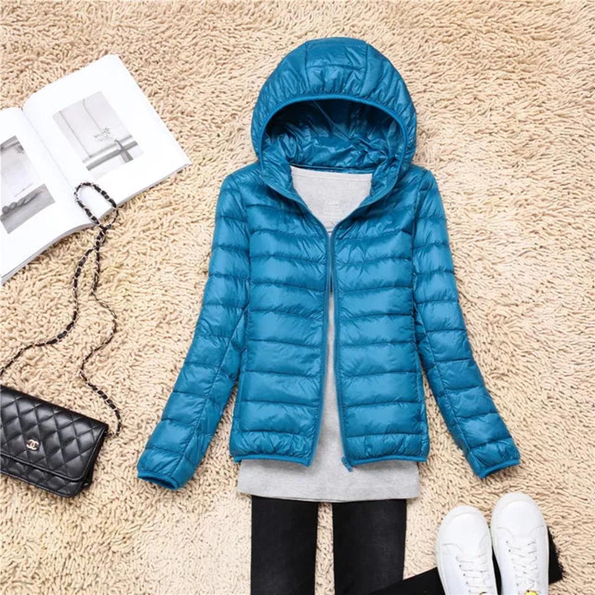 Hooded down jacket in bright turquoise blue with full-zip front and quilted baffles