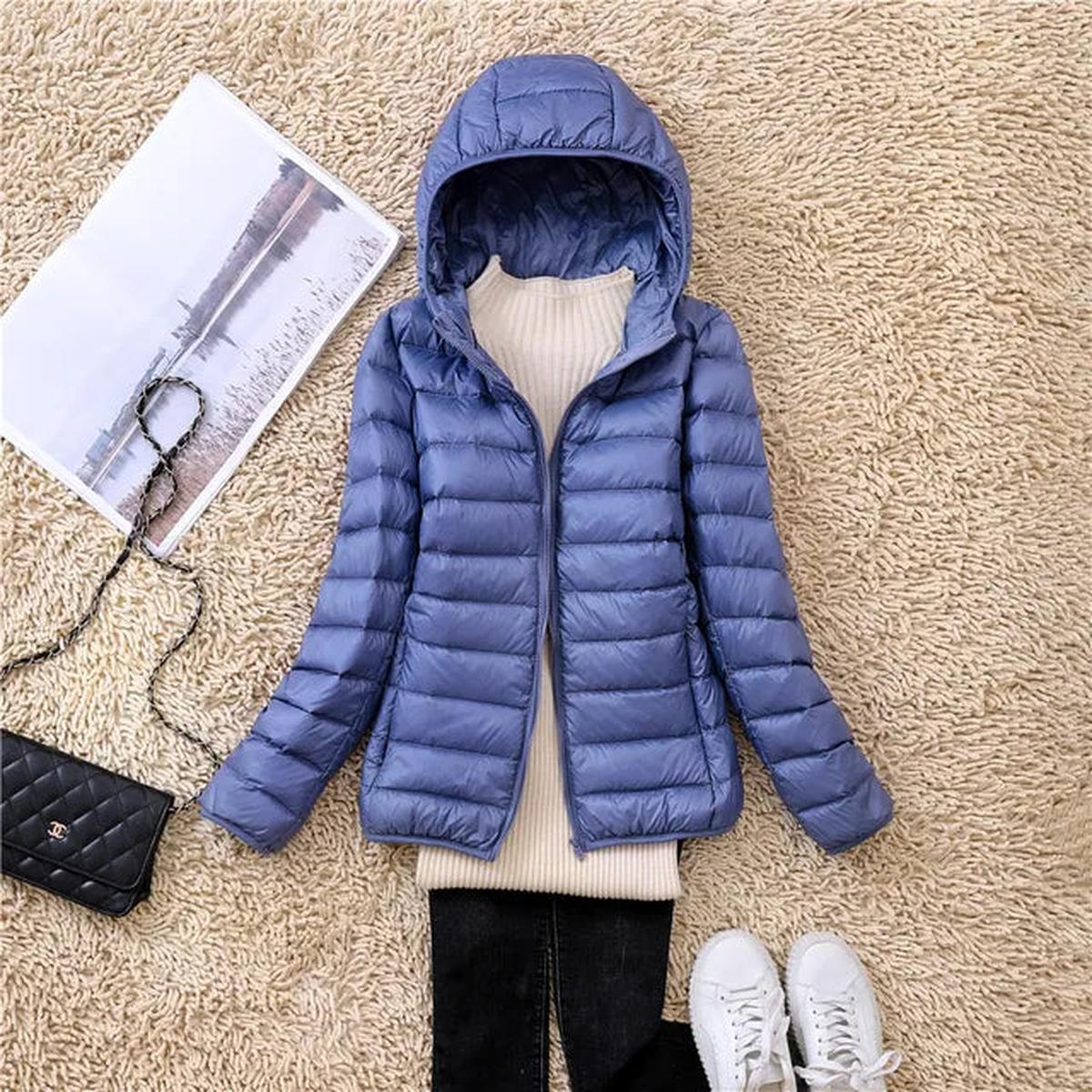 Hooded down jacket in medium blue with full-zip front and quilted insulation