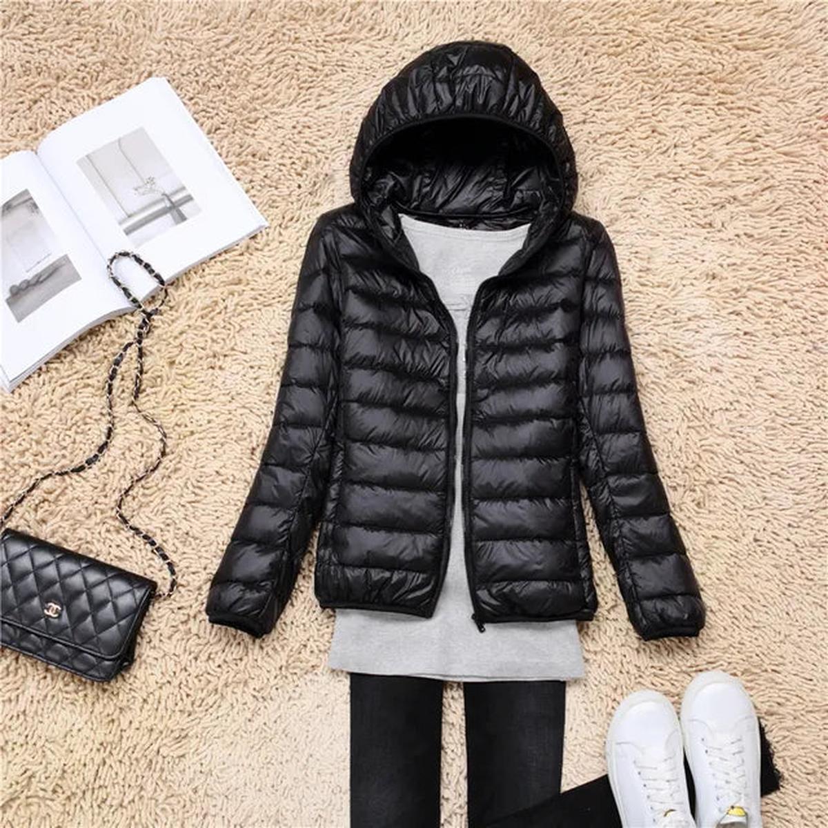 Hooded down jacket in black with full-zip front and quilted insulation baffles