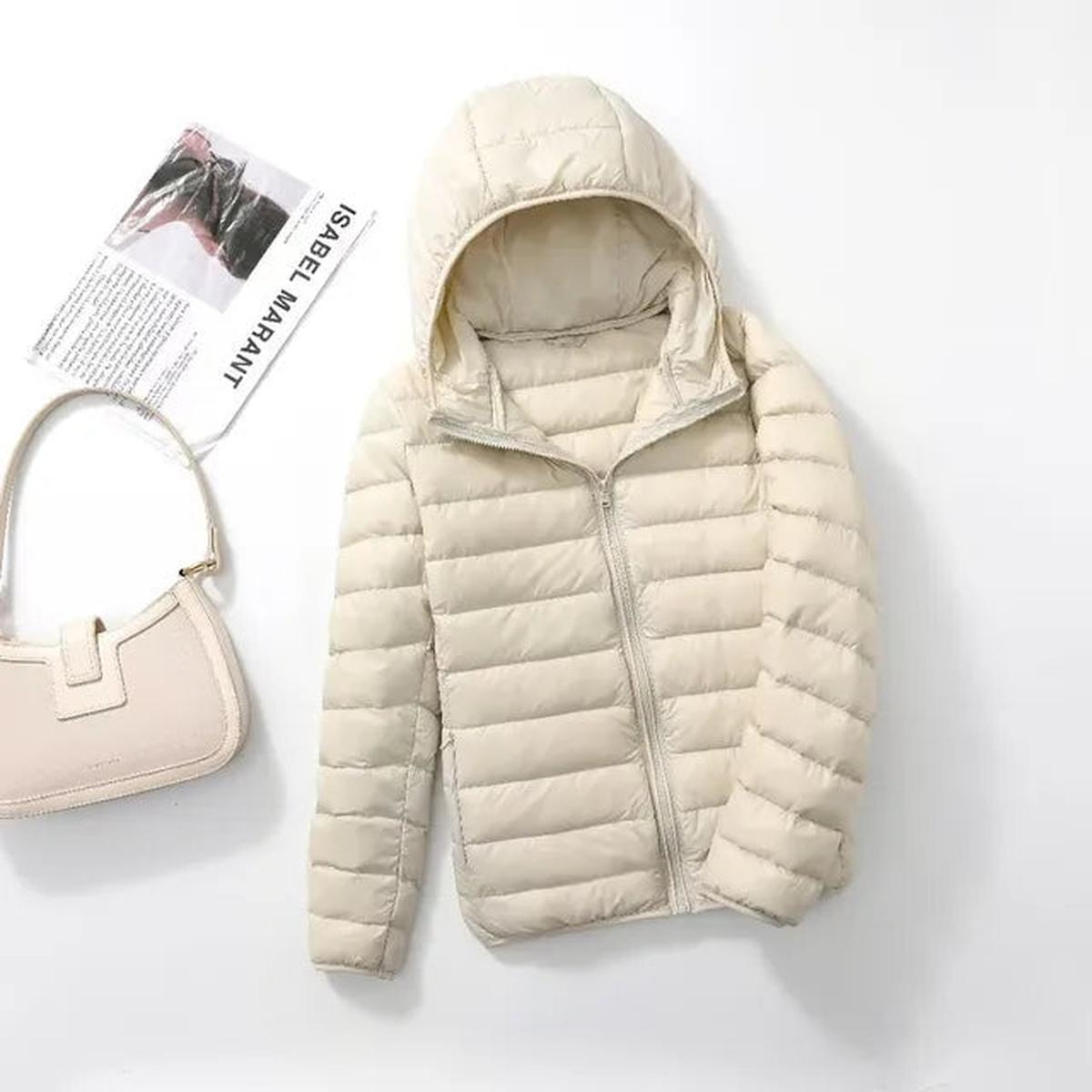 Cream ultralight puffer down jacket with hood and full front zipper