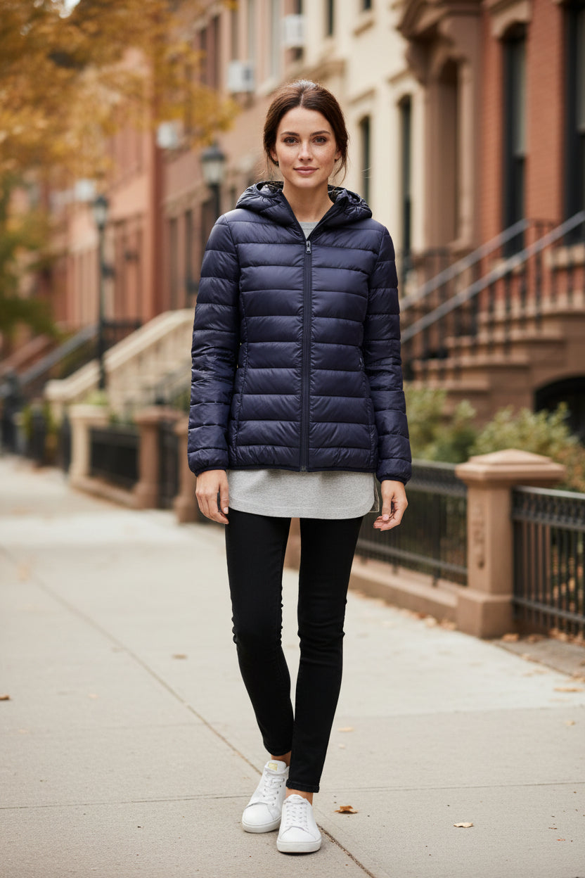 Hooded down jacket in dark navy blue with full-zip front and insulated baffles