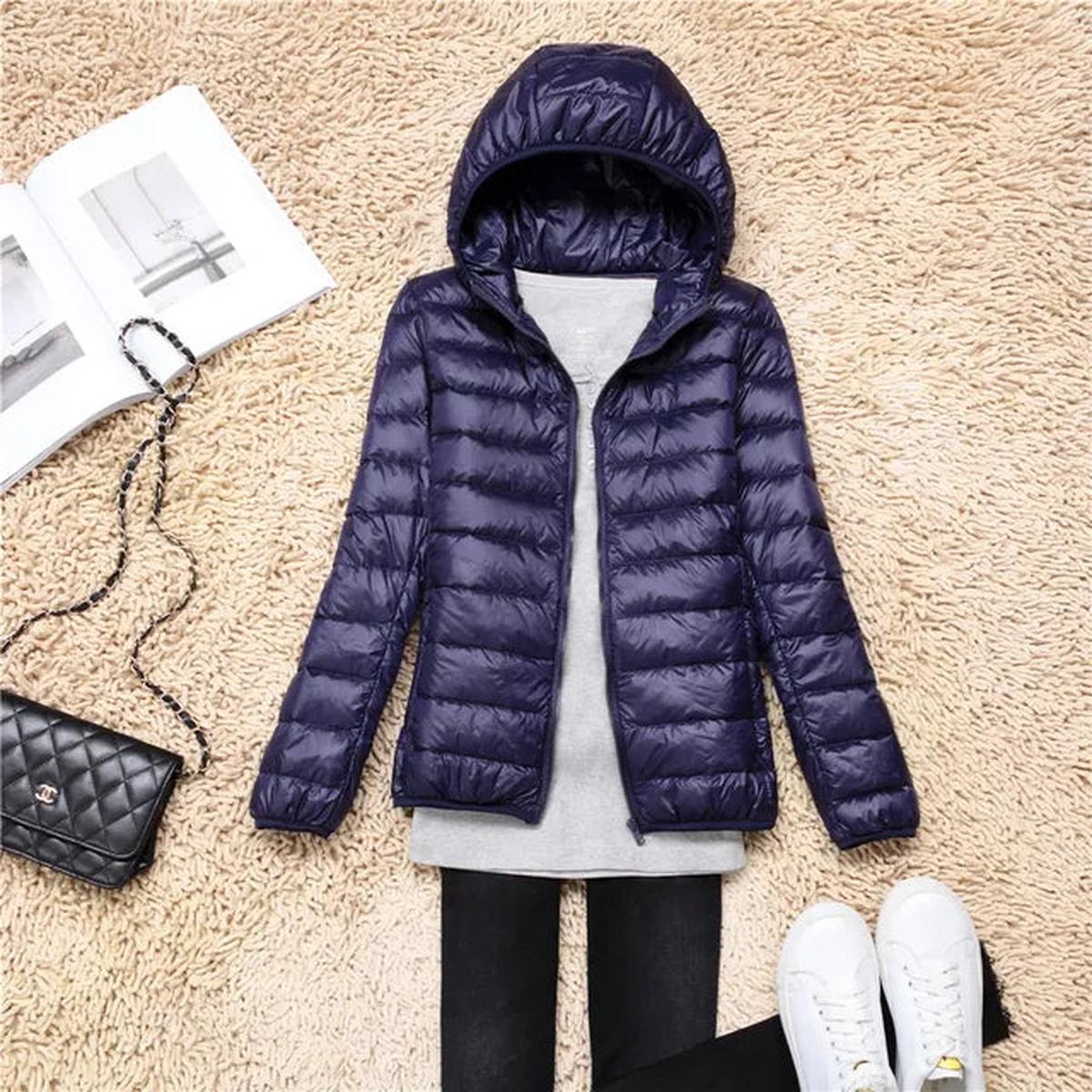 Navy blue ultralight puffer down jacket with hood and full front zipper