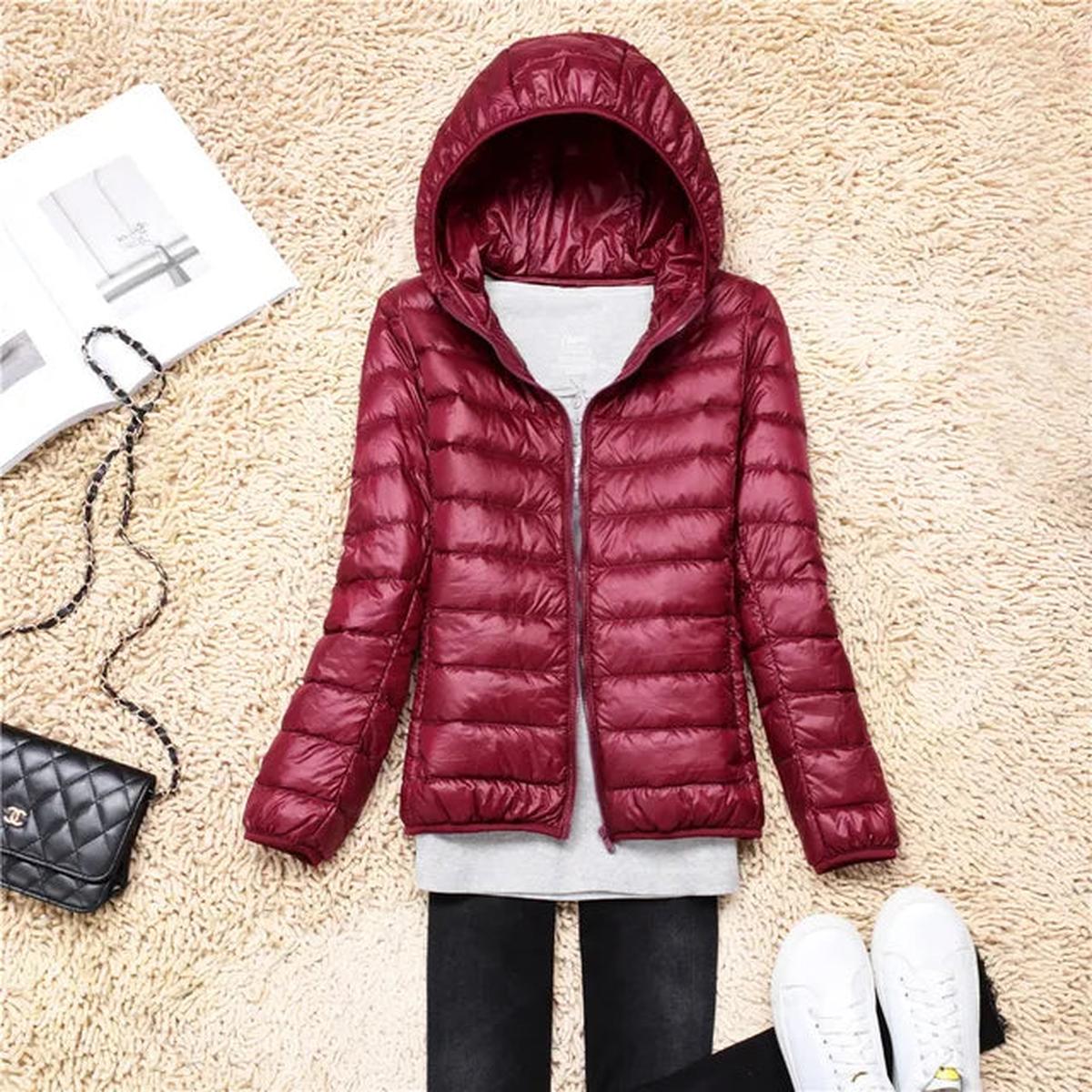 Dark red ultralight puffer down jacket with hood and front zipper