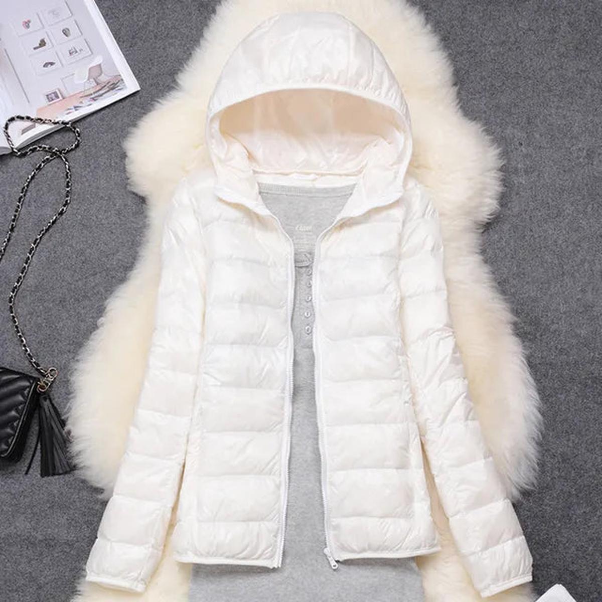 White ultralight puffer down jacket with hood and full front zipper